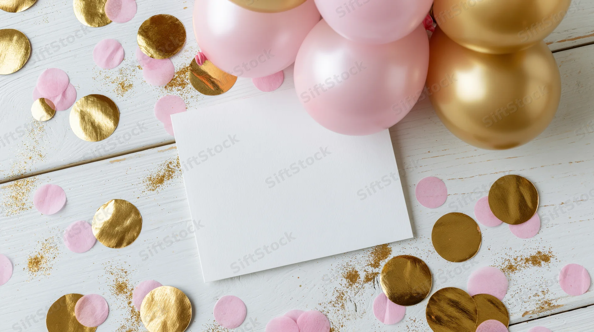 Blank white square card on white wooden surface surrounded by pink and gold balloons and confetti
