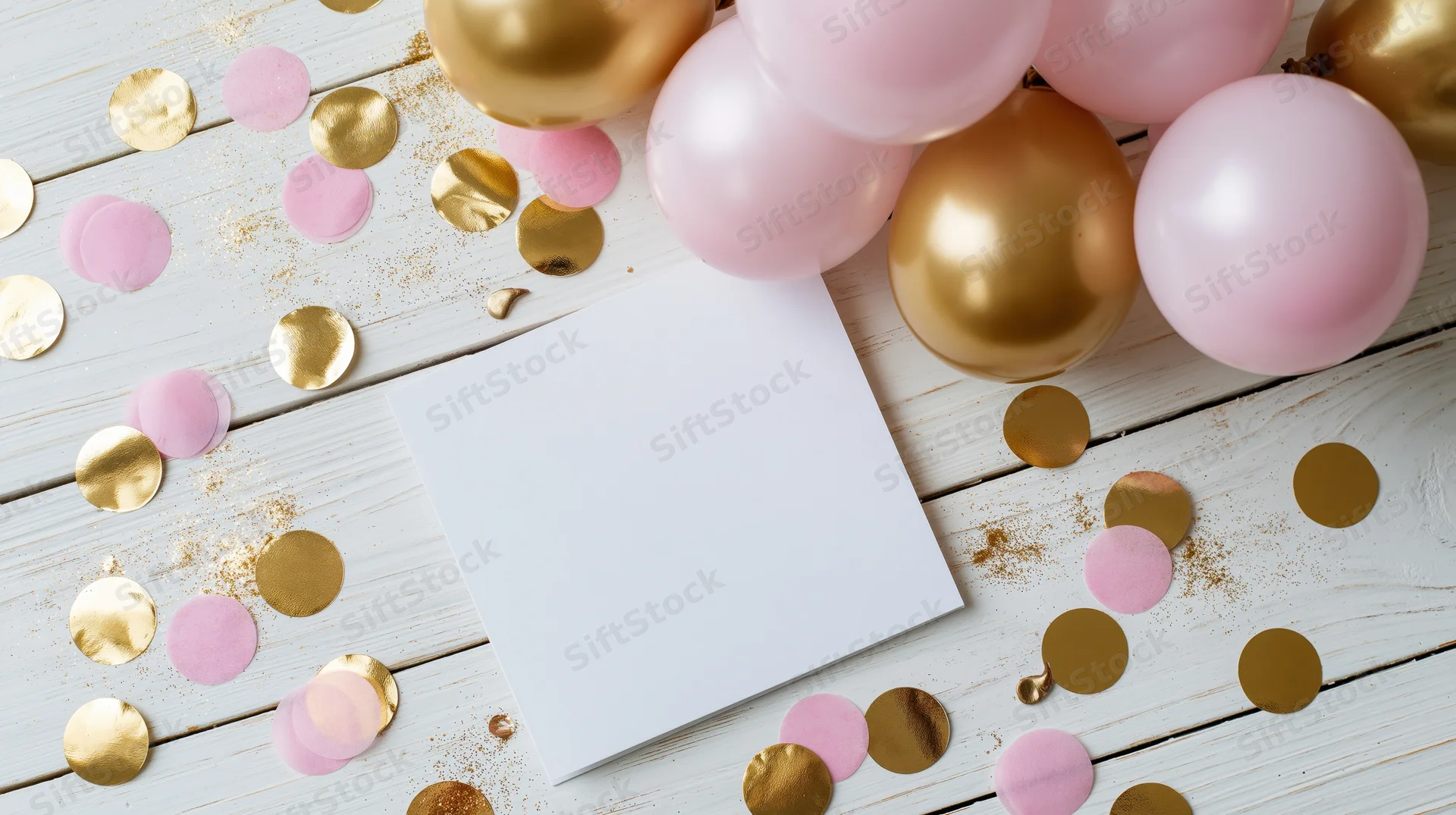 Blank white square card on white wooden surface surrounded by pink and gold balloons and confetti