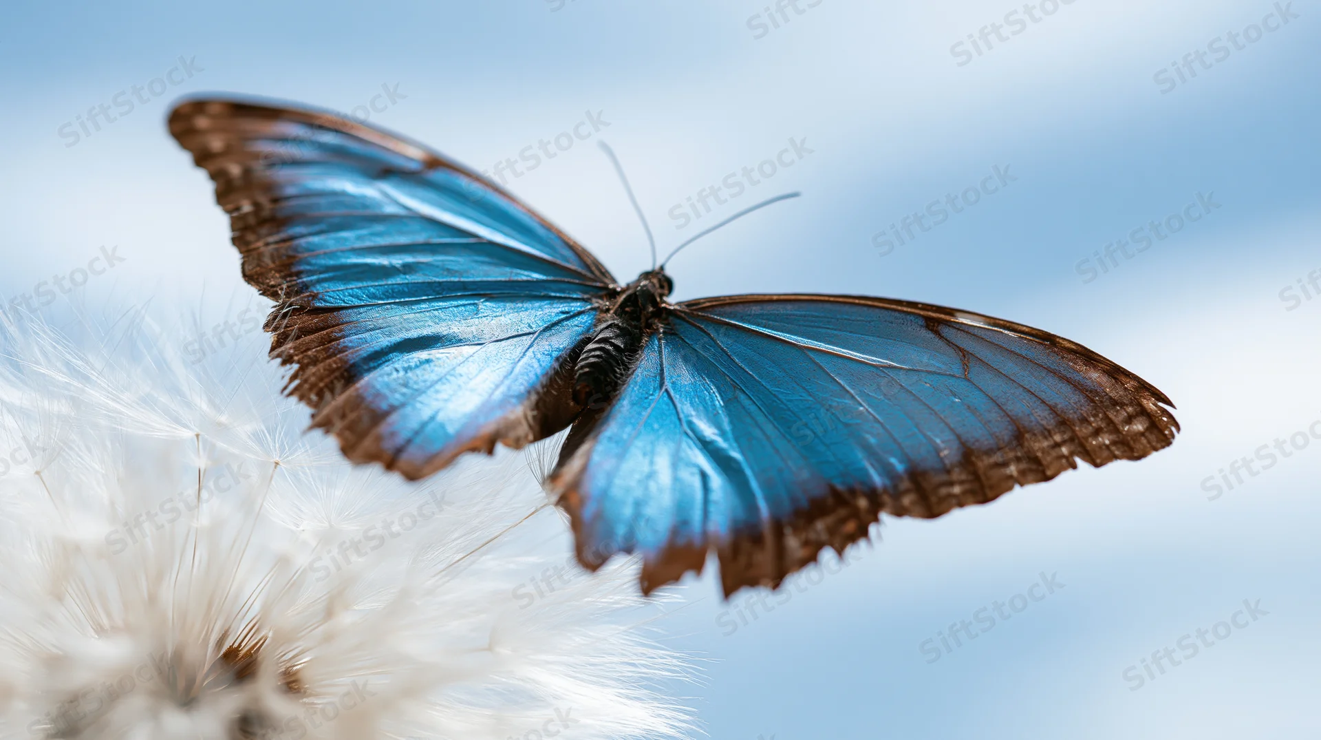 Blue morpho butterfly perched on white dandelion fluff against soft sky background