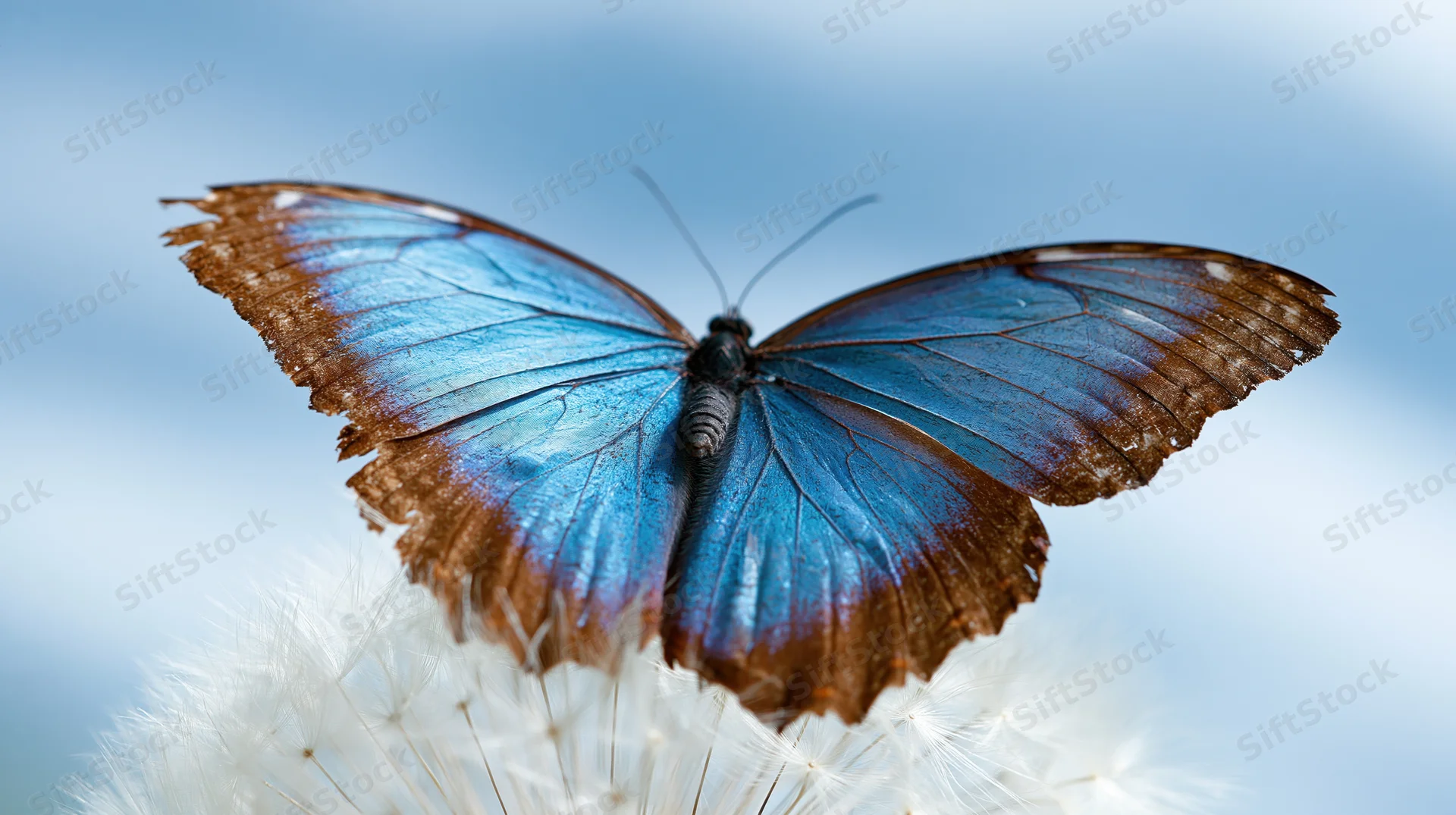 Blue morpho butterfly perched on white dandelion seed head outdoors