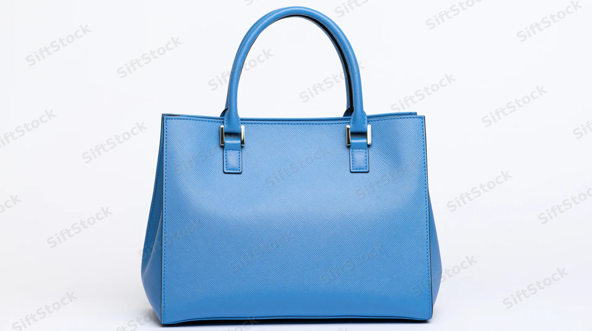 Blue saffiano leather tote handbag with dual top handles on white background