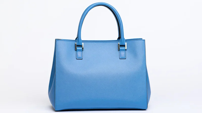 Blue saffiano leather tote handbag with dual top handles on white background