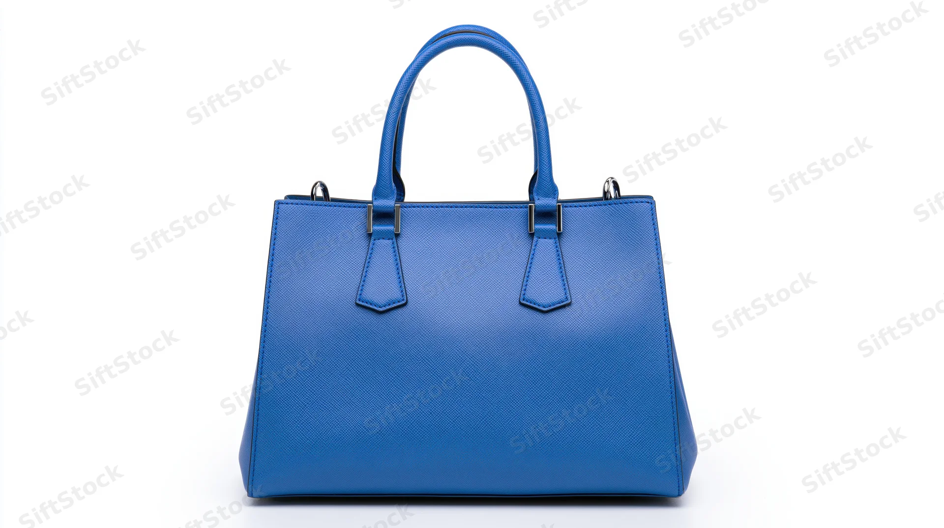 Blue saffiano leather tote handbag with dual top handles on white background