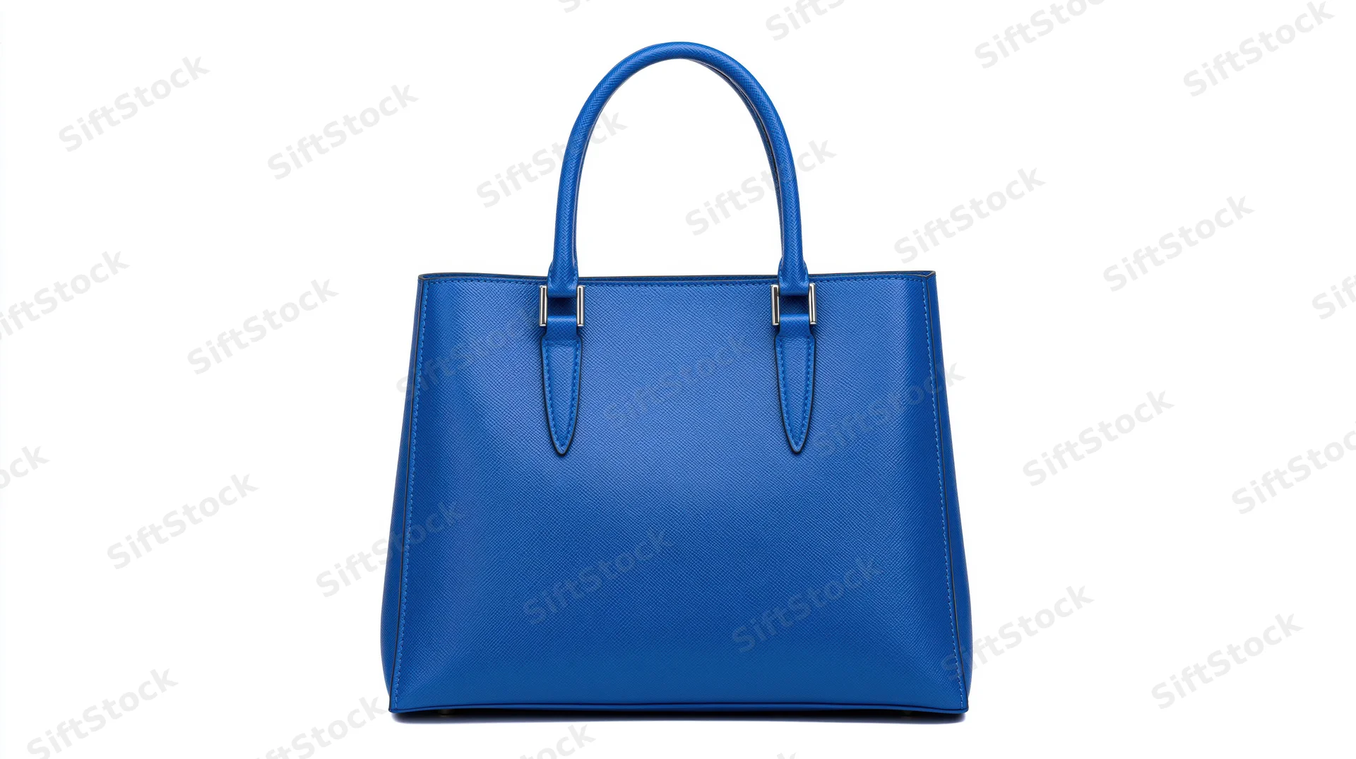 Blue saffiano leather structured tote handbag with dual top handles isolated on white