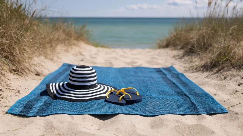 Blue woven beach towel with striped sunhat and flipflops on sandy shore near ocean
