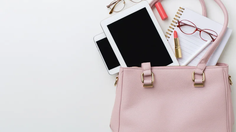 Pink leather handbag with tablet, smartphone, notebook, lipstick and glasses on white surface