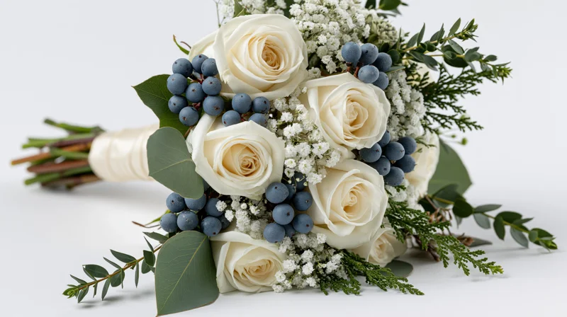Bridal bouquet of cream white roses and dusty blue berries with green foliage on white background