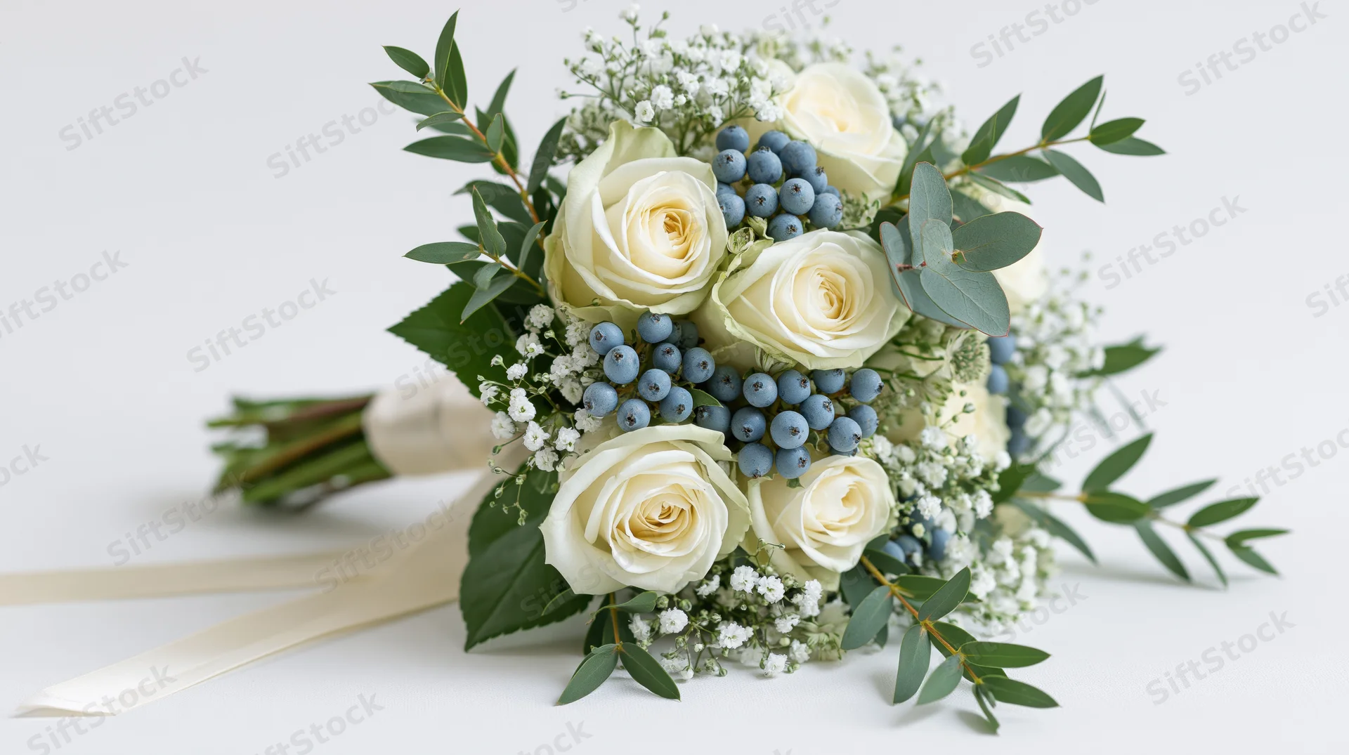 Bridal bouquet of cream white roses and dusty blue berries with green foliage and ribbon on white background