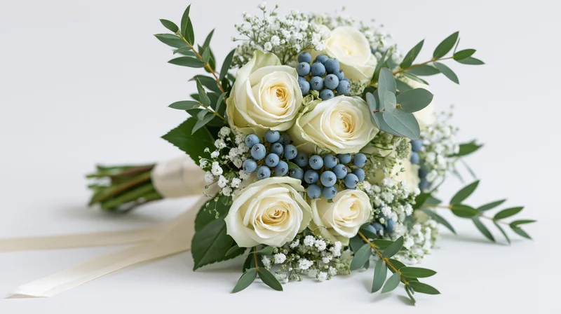 Bridal bouquet of cream white roses and dusty blue berries with green foliage and ribbon on white background