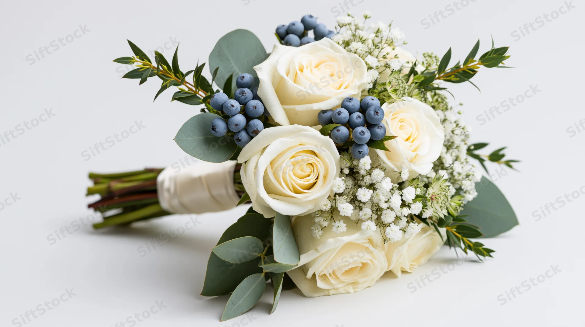 Bridal bouquet of cream white roses and dusty blue berries with baby's breath and eucalyptus on white background