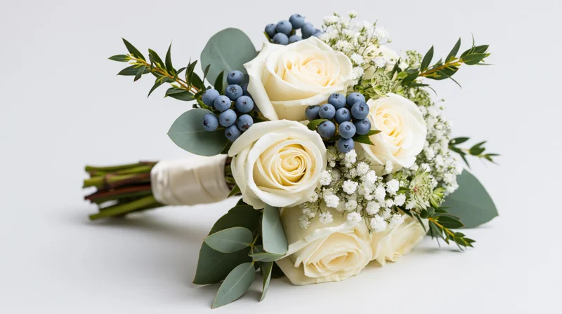Bridal bouquet of cream white roses and dusty blue berries with baby's breath and eucalyptus on white background