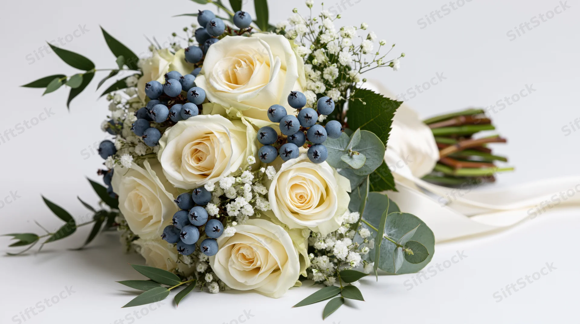Bridal bouquet of cream white roses and dusty blue berries with greenery on white background