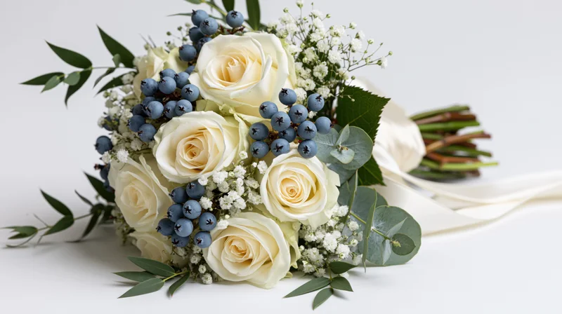 Bridal bouquet of cream white roses and dusty blue berries with greenery on white background