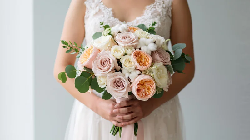 Bride holding a lush bouquet of blush and peach roses with greenery and cotton, in a white lace gown, studio setting
