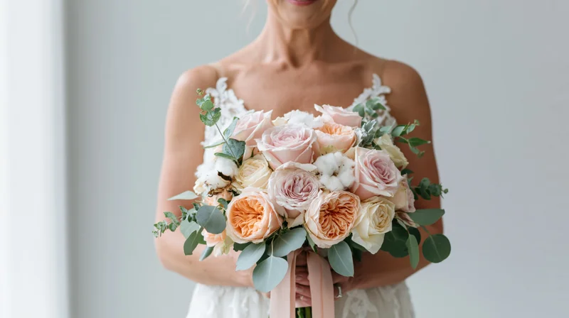Bride holding a lush bouquet of blush roses and peach flowers with eucalyptus and cotton, wearing a lace wedding dress