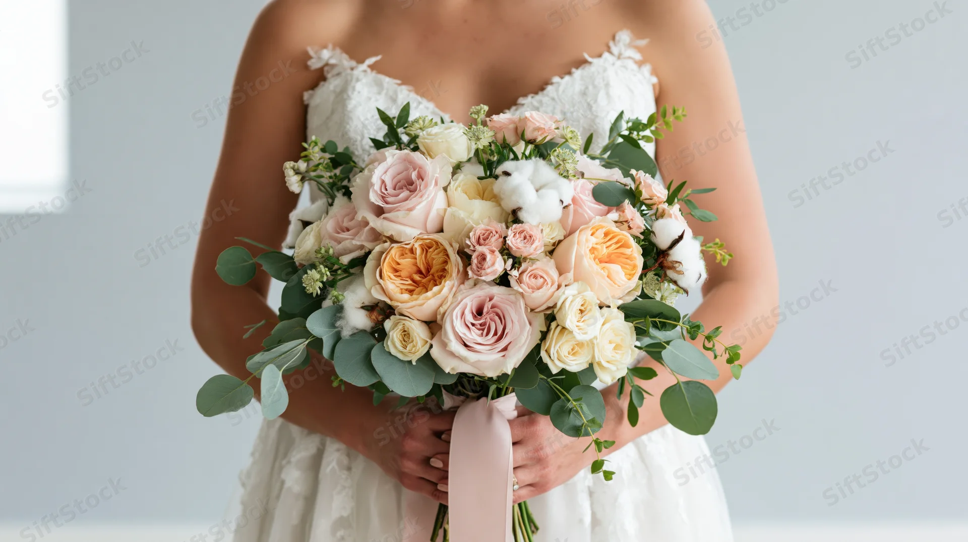 Bride holding a lush bouquet of blush and peach roses with eucalyptus and cotton in a white lace dress