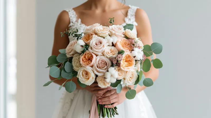 Bride holding a lush bouquet of blush roses and peach flowers with eucalyptus and cotton, indoors