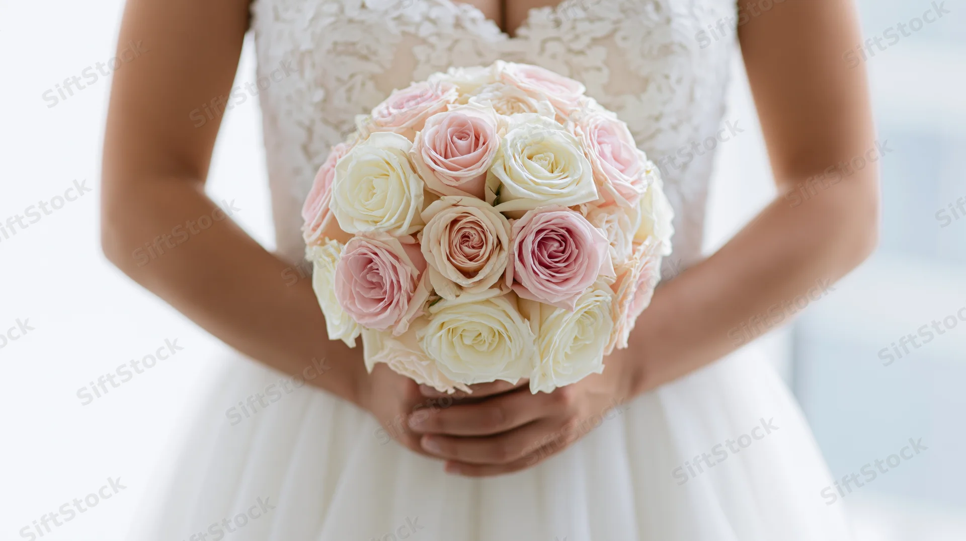 Bride holding a round bouquet of pink and white roses in front of her wedding dress