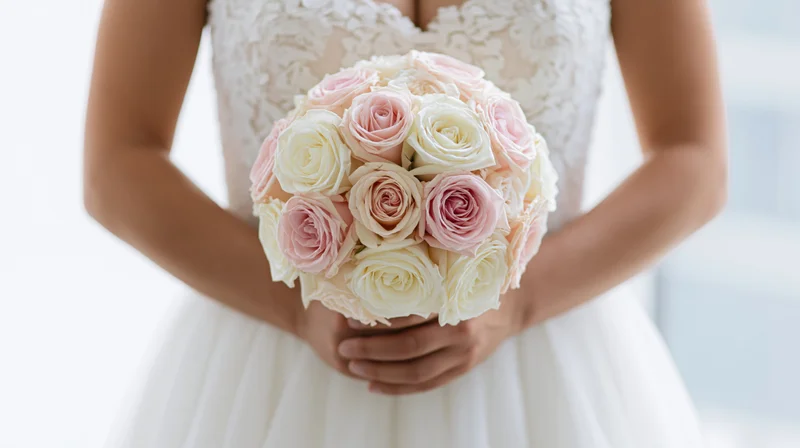 Bride holding a round bouquet of pink and white roses in front of her wedding dress