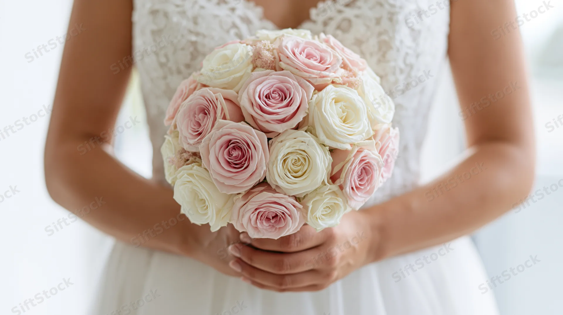 Bride holding a round bouquet of soft pink and white roses in front of her wedding dress