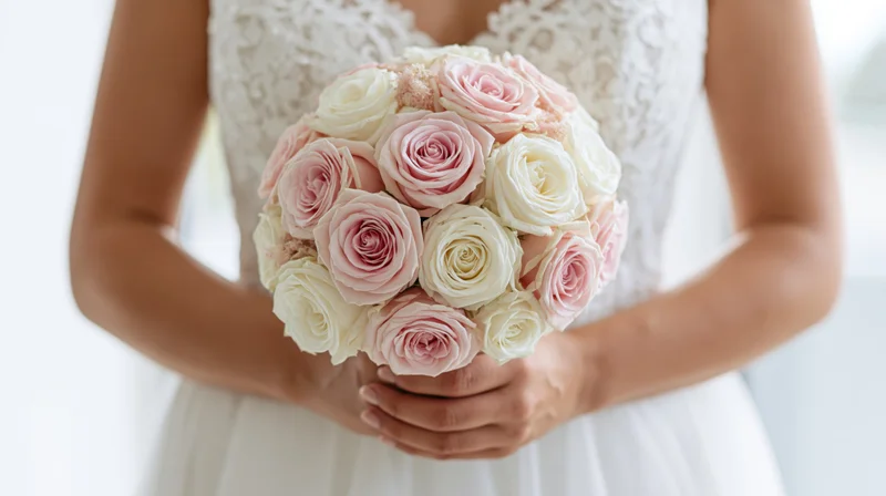 Bride holding a round bouquet of soft pink and white roses in front of her wedding dress