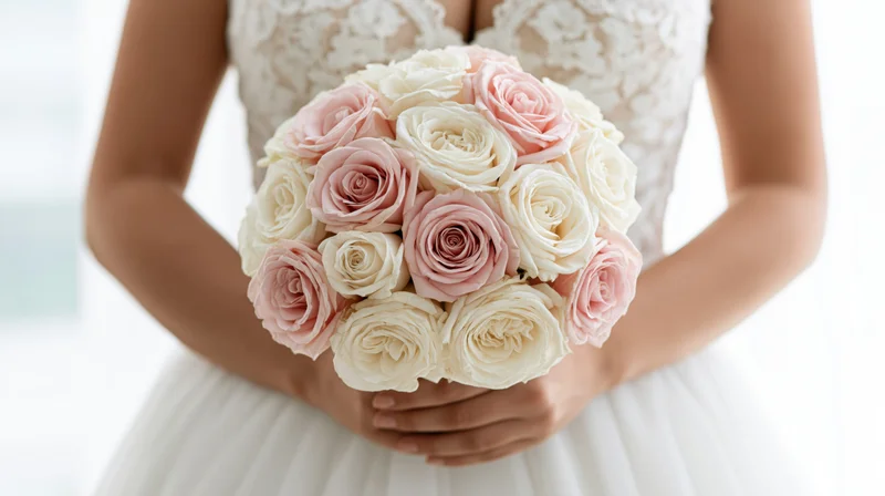 Bride holding a round bouquet of soft pink and white roses in front of her wedding dress