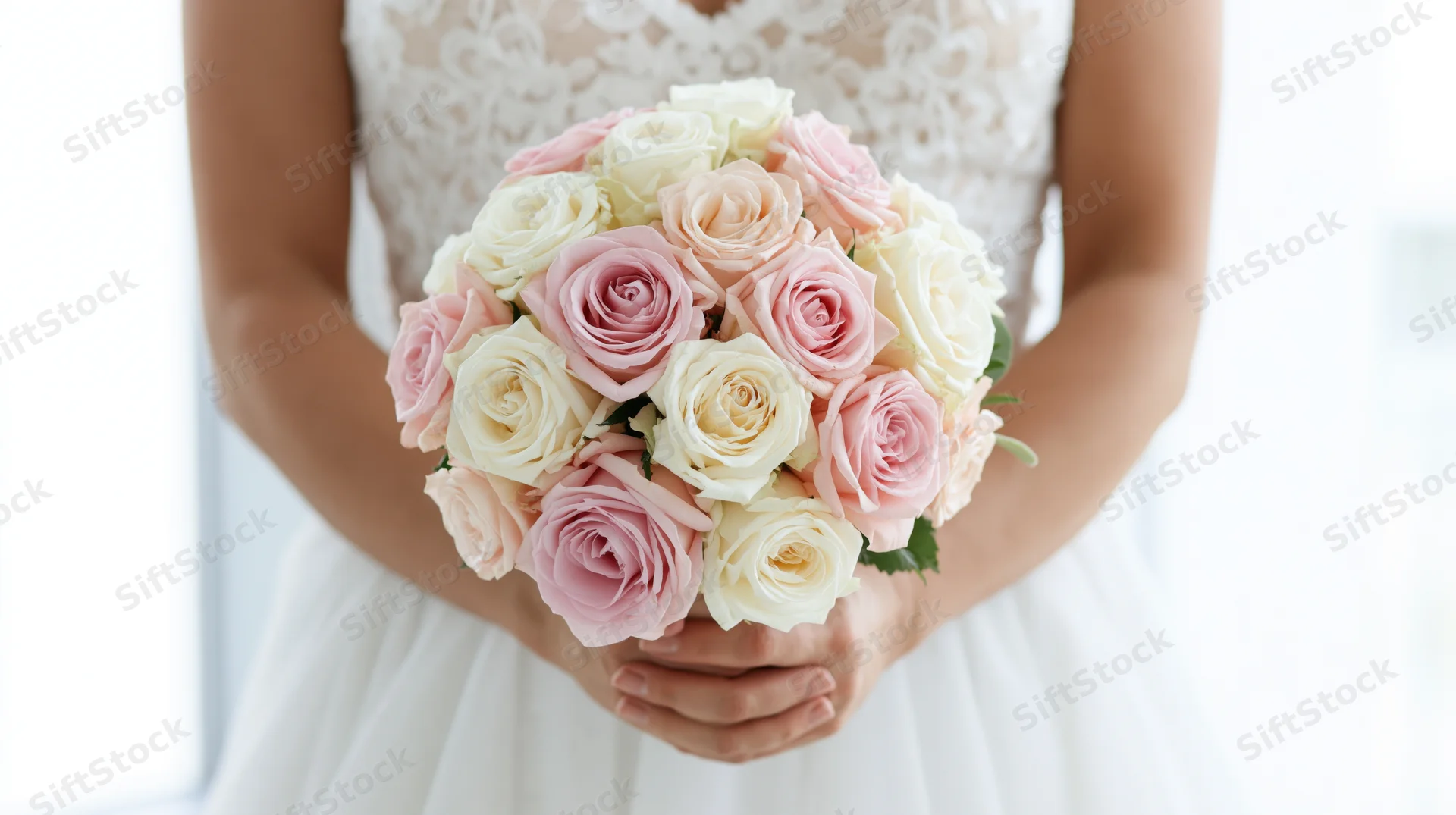 Bride holding a round bouquet of pink and white roses in front of her lace wedding dress