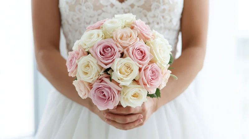 Bride holding a round bouquet of pink and white roses in front of her lace wedding dress