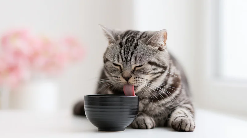 Tabby cat drinking from a black ceramic bowl on a white surface near a window