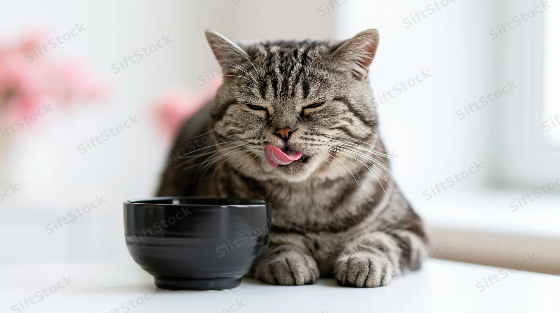Britishshorthair tabby cat licking its lips beside a black ceramic bowl on a white table indoors