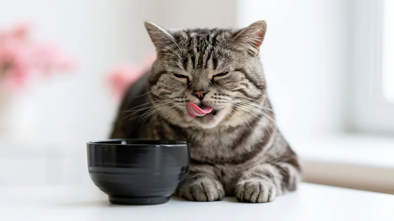 Britishshorthair tabby cat licking its lips beside a black ceramic bowl on a white table indoors