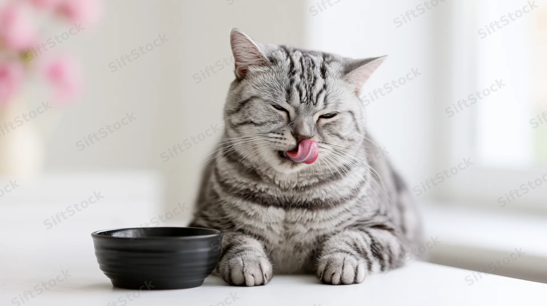 Britishshorthair tabby cat licking its lips beside a black ceramic bowl on a white table indoors