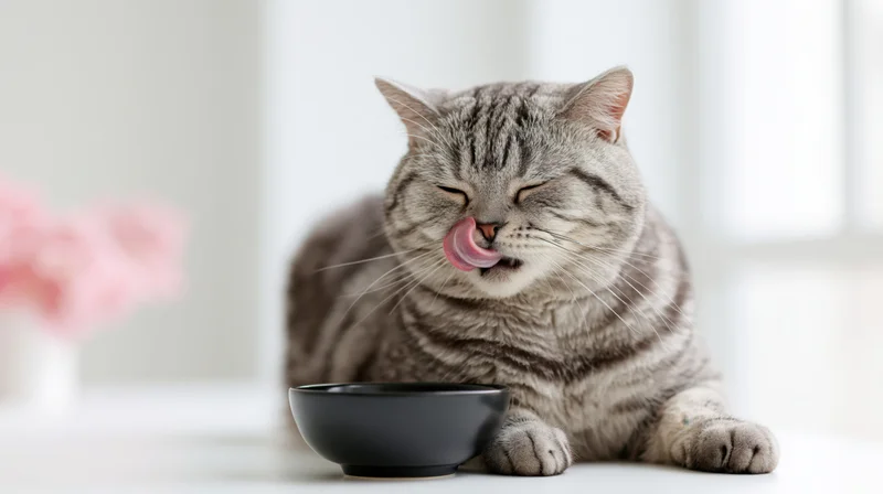 Britishshorthair tabby cat licking its lips beside a black ceramic bowl on a white table indoors