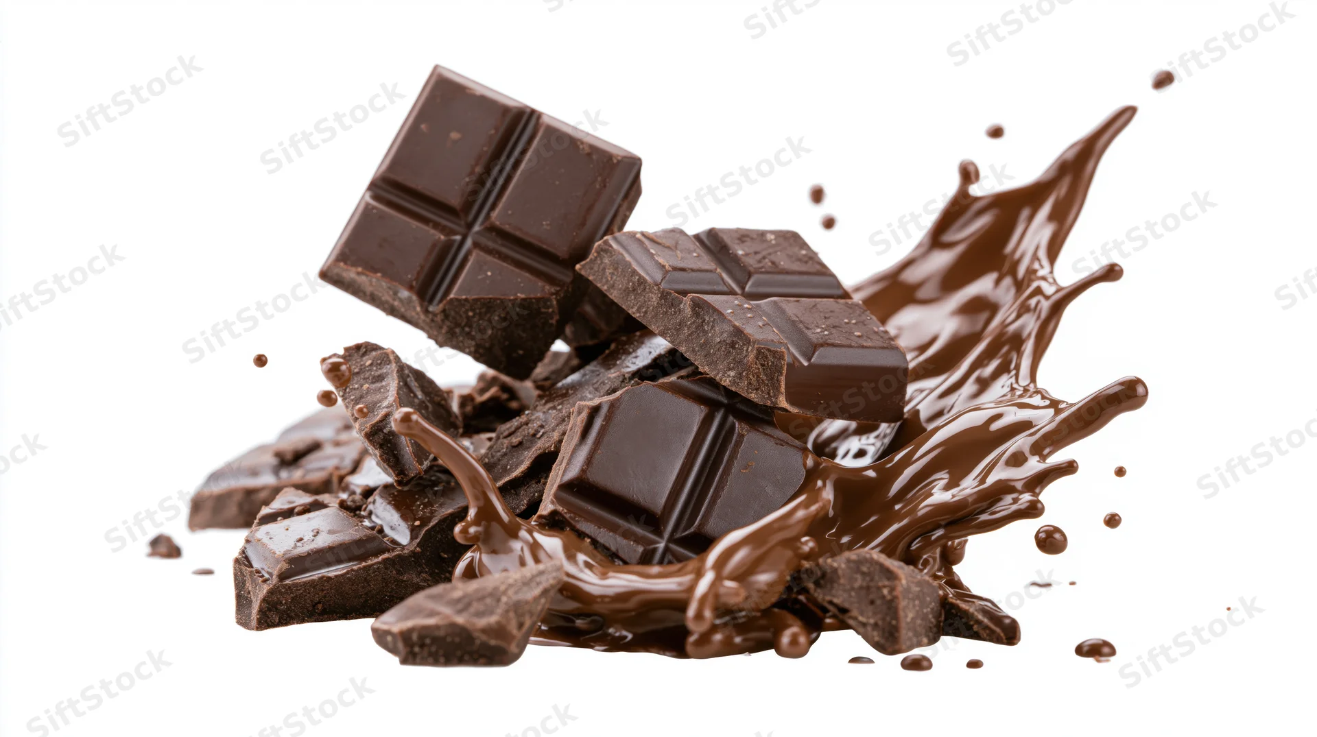 Broken dark chocolate bar pieces mid-explosion with liquid milk chocolate splash on white background