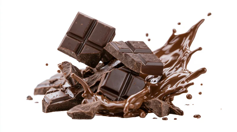 Broken dark chocolate bar pieces mid-explosion with liquid milk chocolate splash on white background