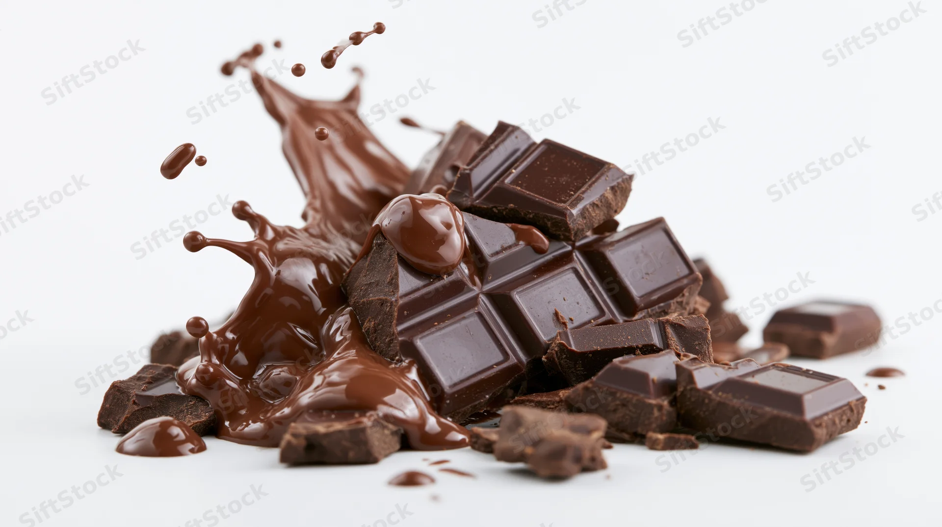 Broken dark chocolate bar pieces mid-explosion with liquid chocolate splashing against white background