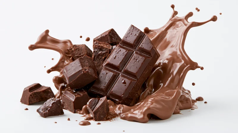 Broken dark chocolate bar pieces splashing with liquid milk chocolate on white background