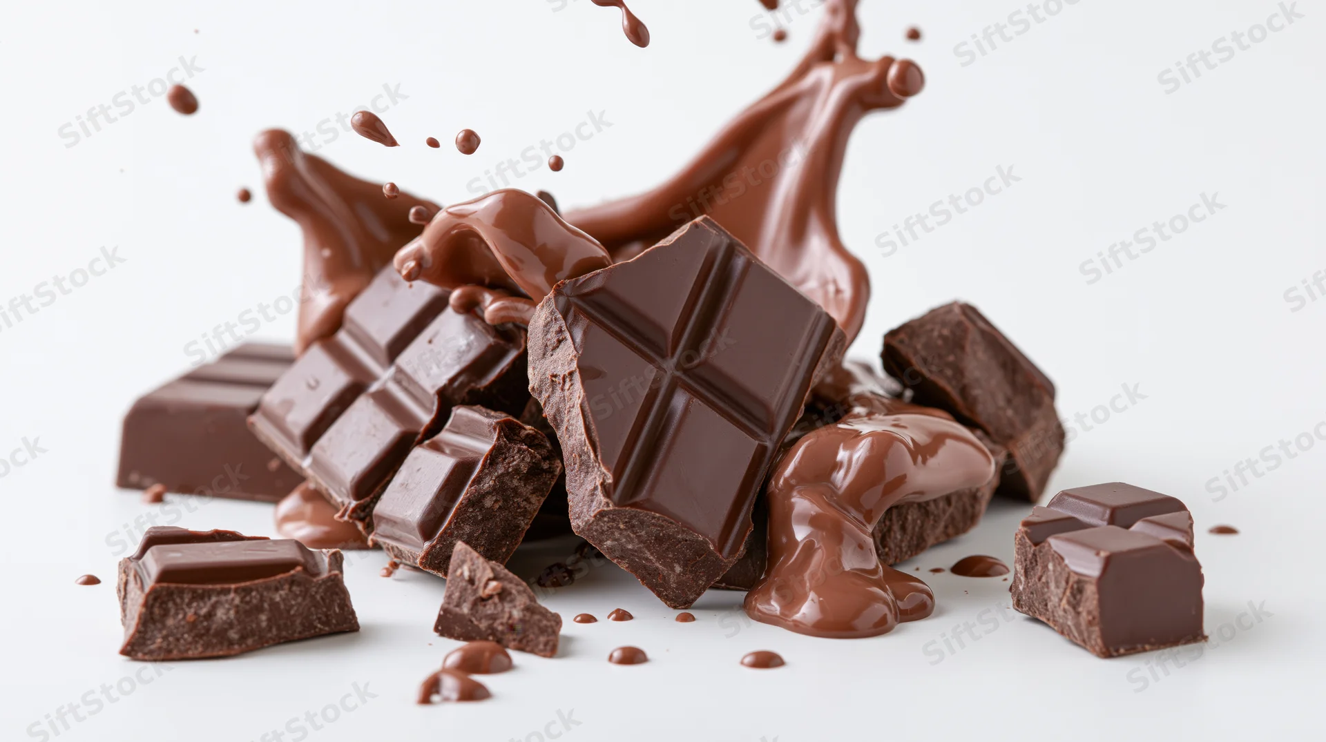 Broken dark chocolate pieces mid-explosion with liquid milk chocolate splashing against white background