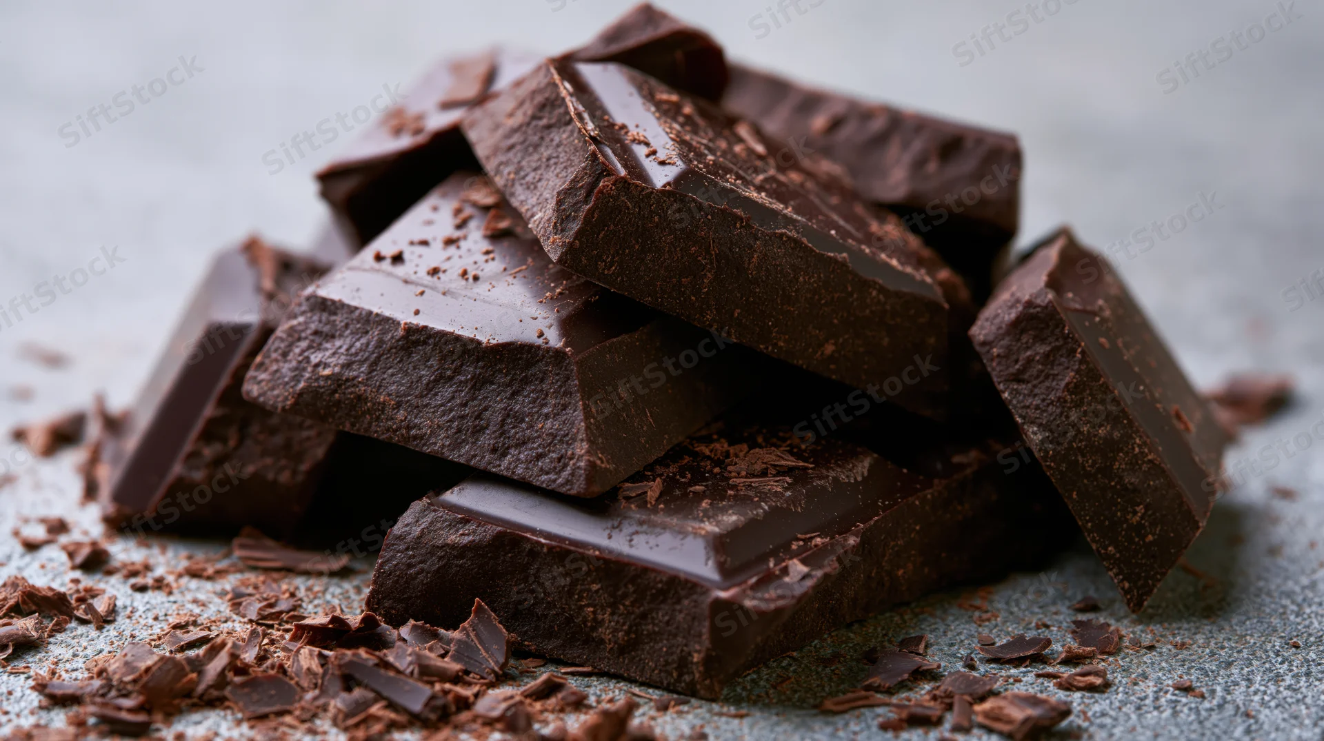 Broken dark chocolate pieces piled loosely on a gray surface with scattered crumbs