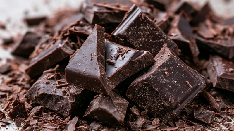 Broken dark chocolate pieces piled loosely on a surface with scattered crumbs and shards