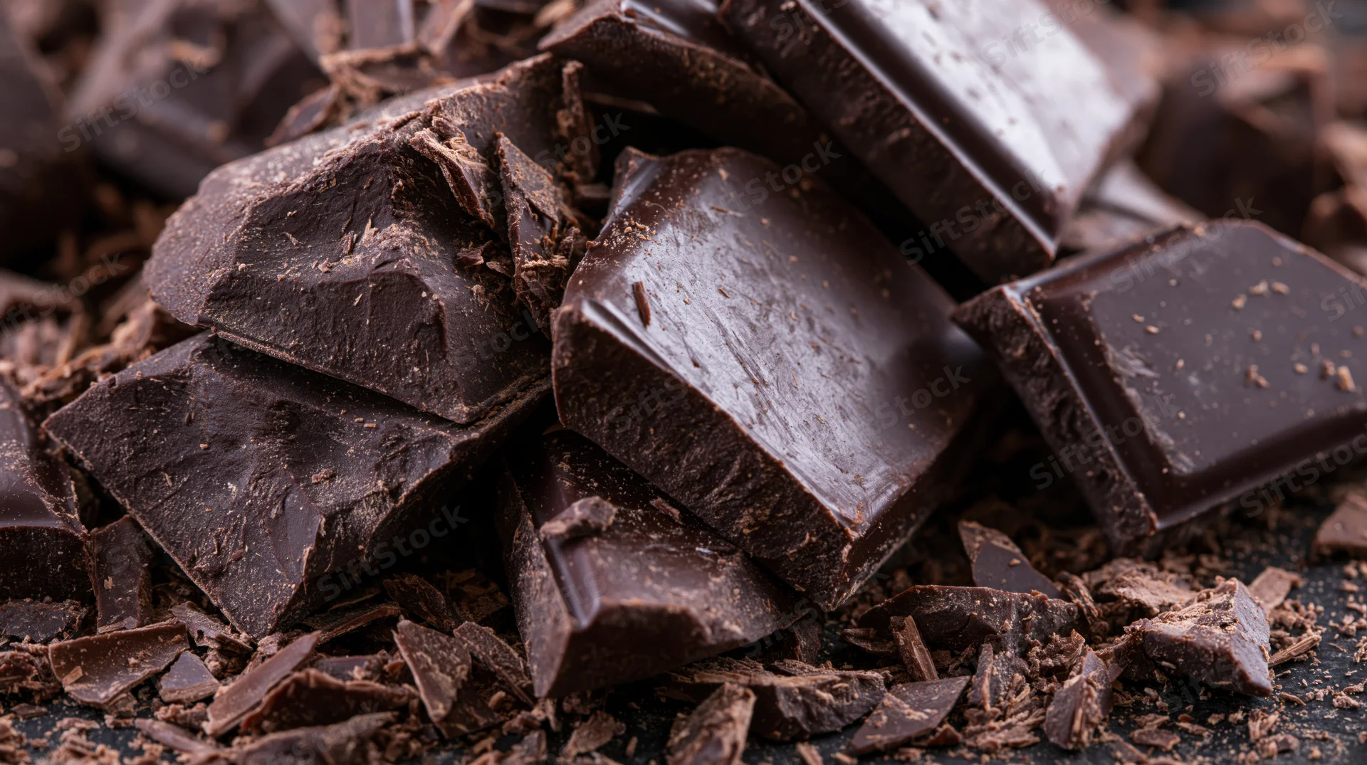 Broken dark chocolate pieces piled loosely on a dark surface
