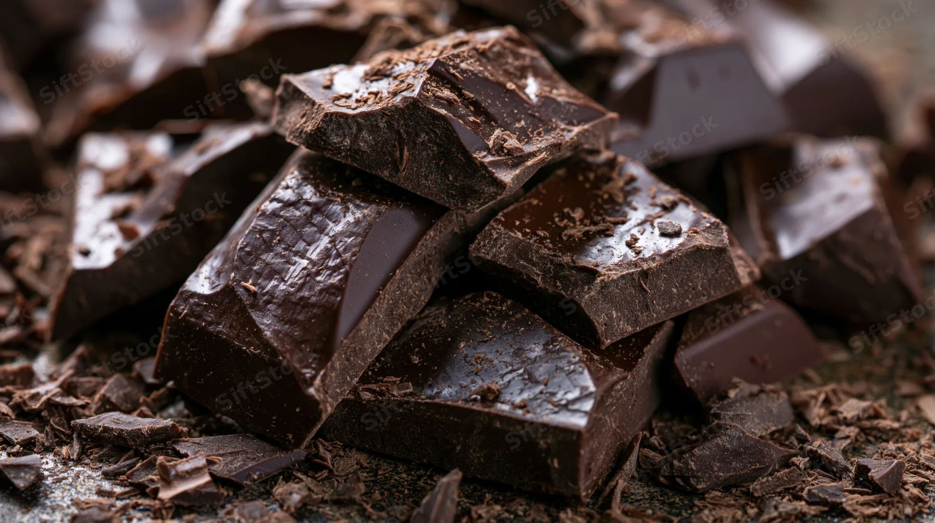 Broken dark chocolate pieces piled loosely on a textured surface