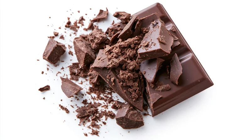 Broken dark chocolate bar with jagged pieces and crumbs on white background
