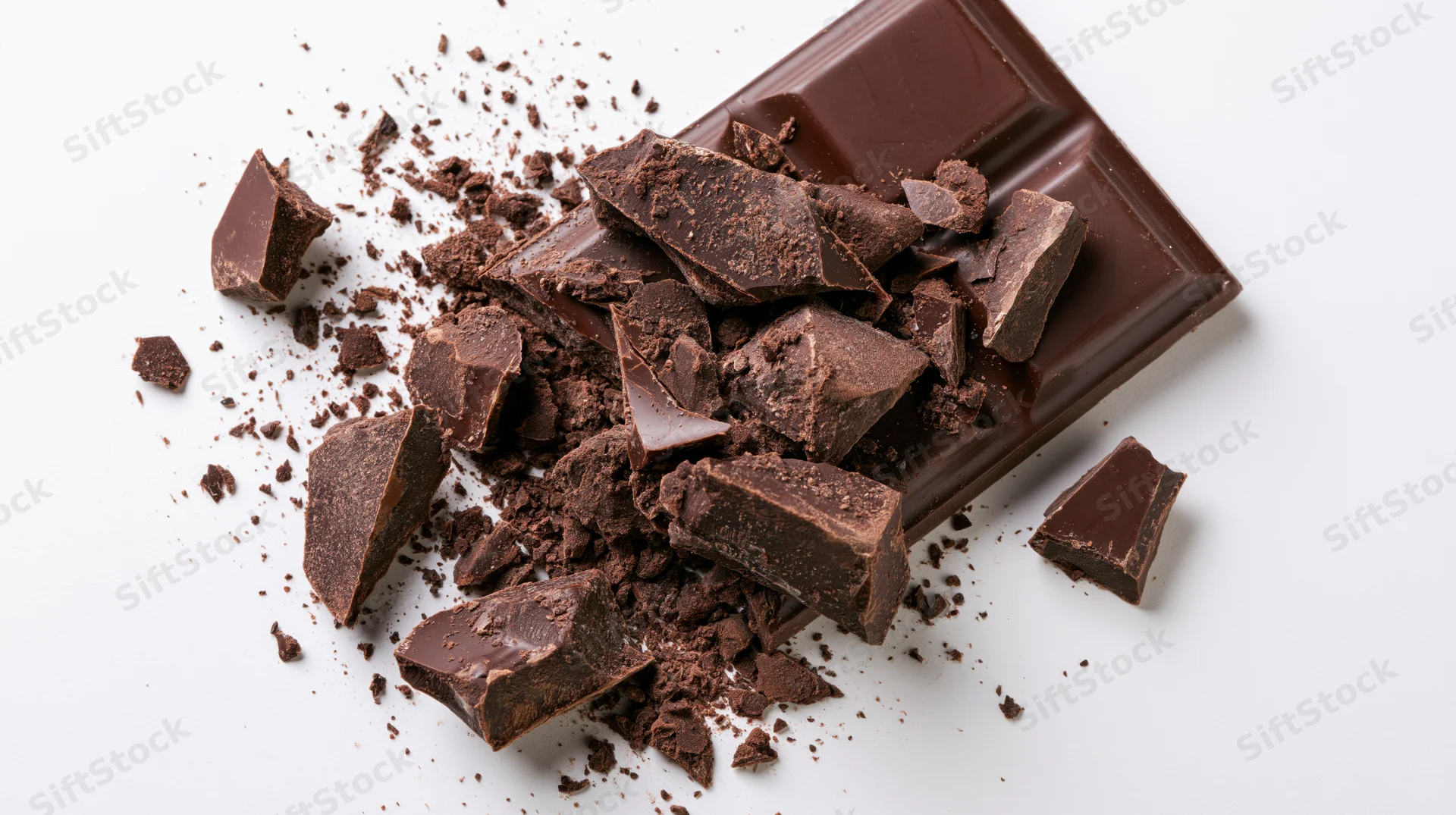 Broken dark chocolate bar with scattered shards and crumbs on white background