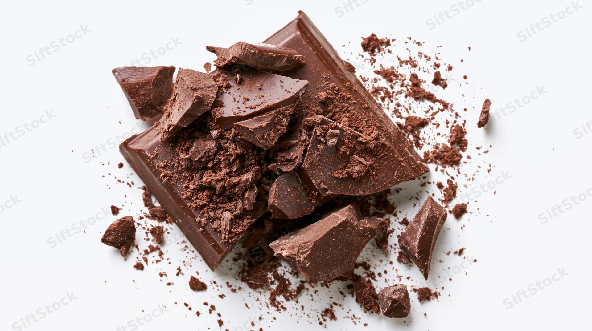 Broken dark chocolate bar shattered into irregular jagged pieces on white background