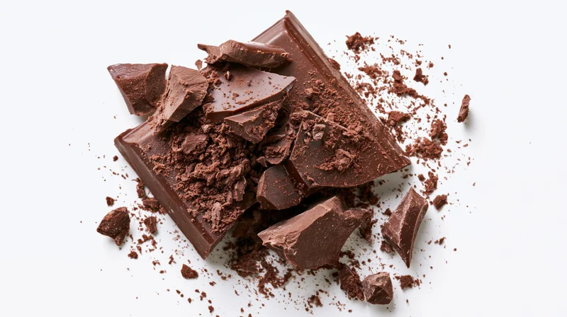 Broken dark chocolate bar shattered into irregular jagged pieces on white background