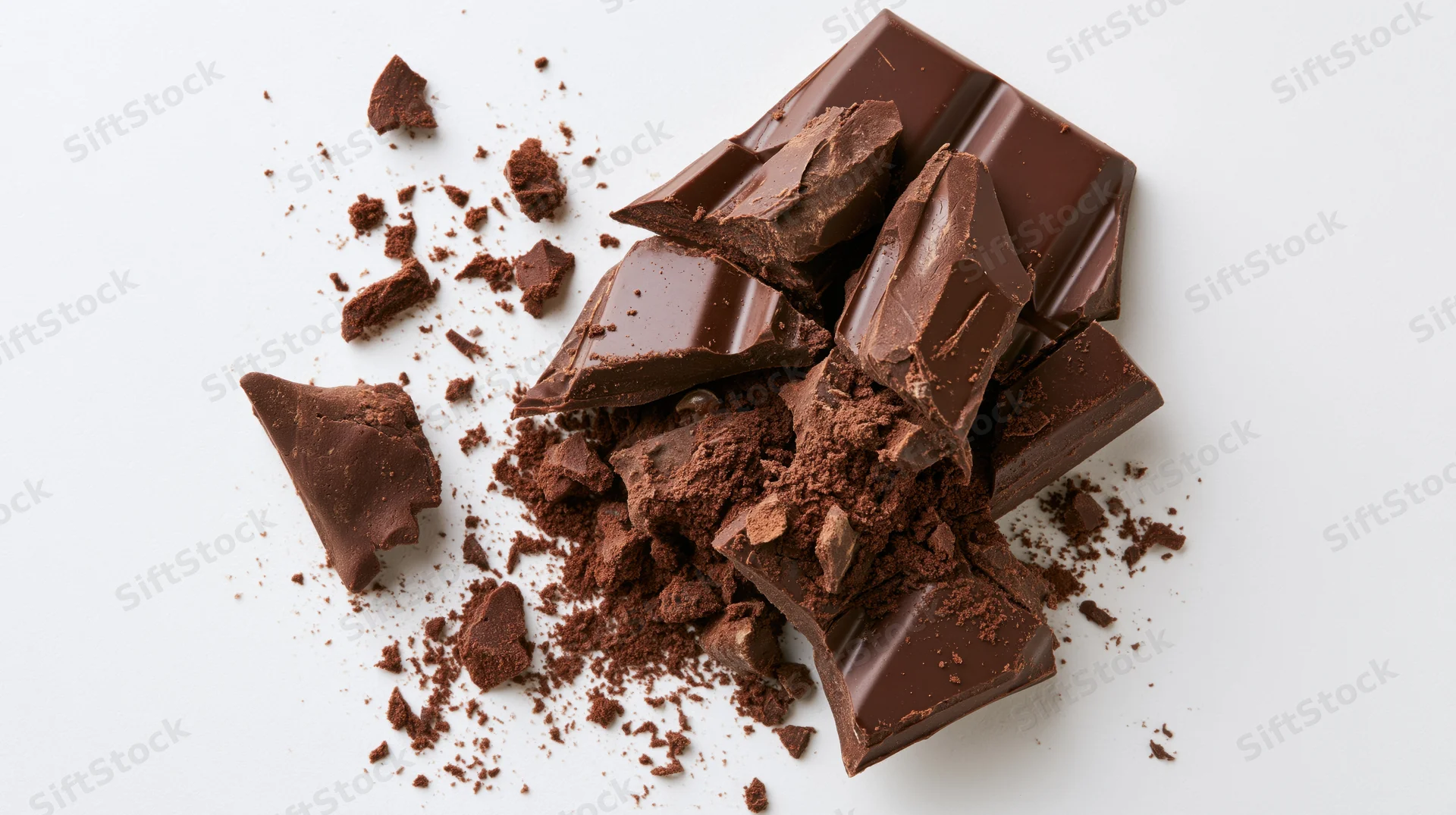 Broken dark chocolate bar pieces scattered on white background