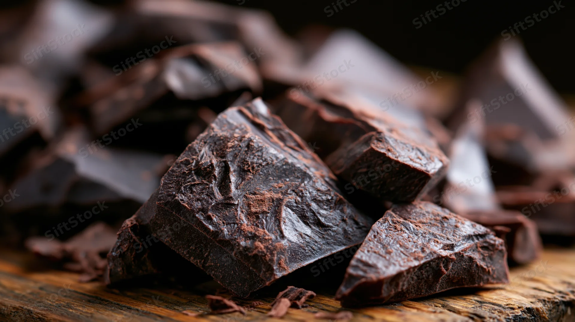 Broken dark chocolate chunks scattered on a wooden board