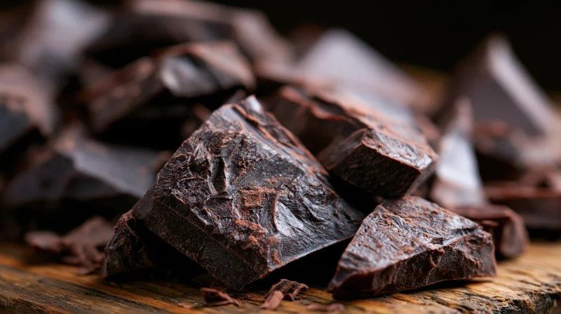 Broken dark chocolate chunks scattered on a wooden board