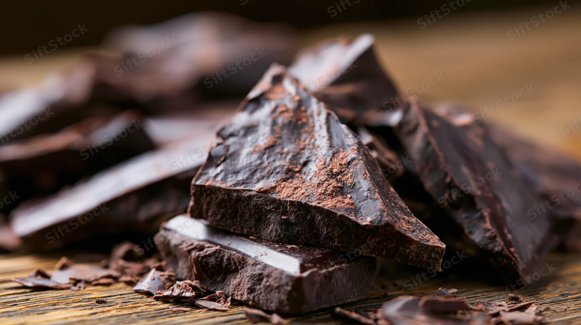 Broken dark chocolate chunks scattered on a wooden surface
